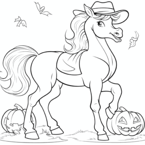 Desenho de feliz dia das bruxas, cavalo para colorir