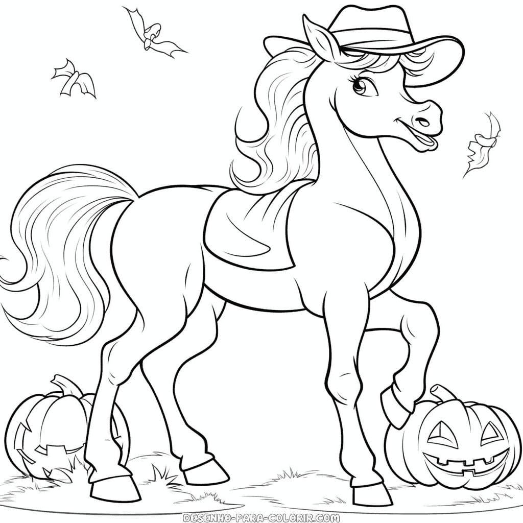 Desenho de feliz dia das bruxas, cavalo para colorir