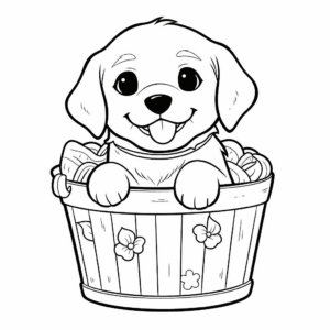 Desenho de filhote de cachorro na cesta para colorir