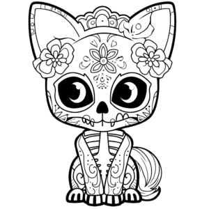 Desenho de gato com caveira de açúcar para colorir
