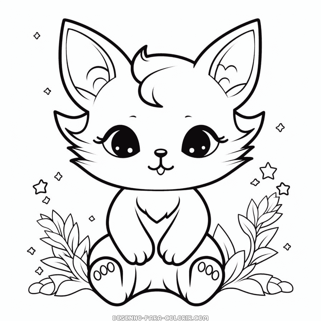 Desenho de gato com estrelas ao redor para colorir