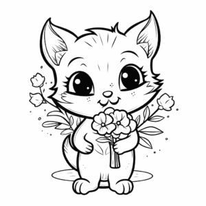 Desenho de gato com flores para colorir