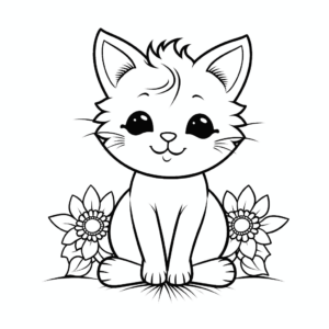 Desenho de gato com girassóis para colorir