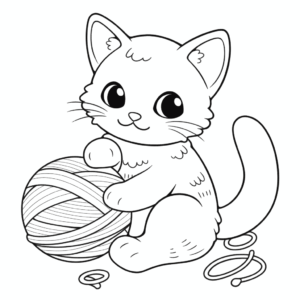 Desenho de gato com novelo de lã para colorir