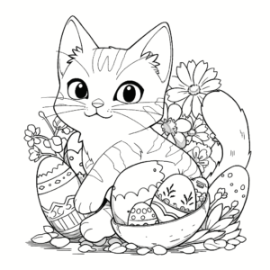 Desenho de gato com ovos de páscoa para colorir