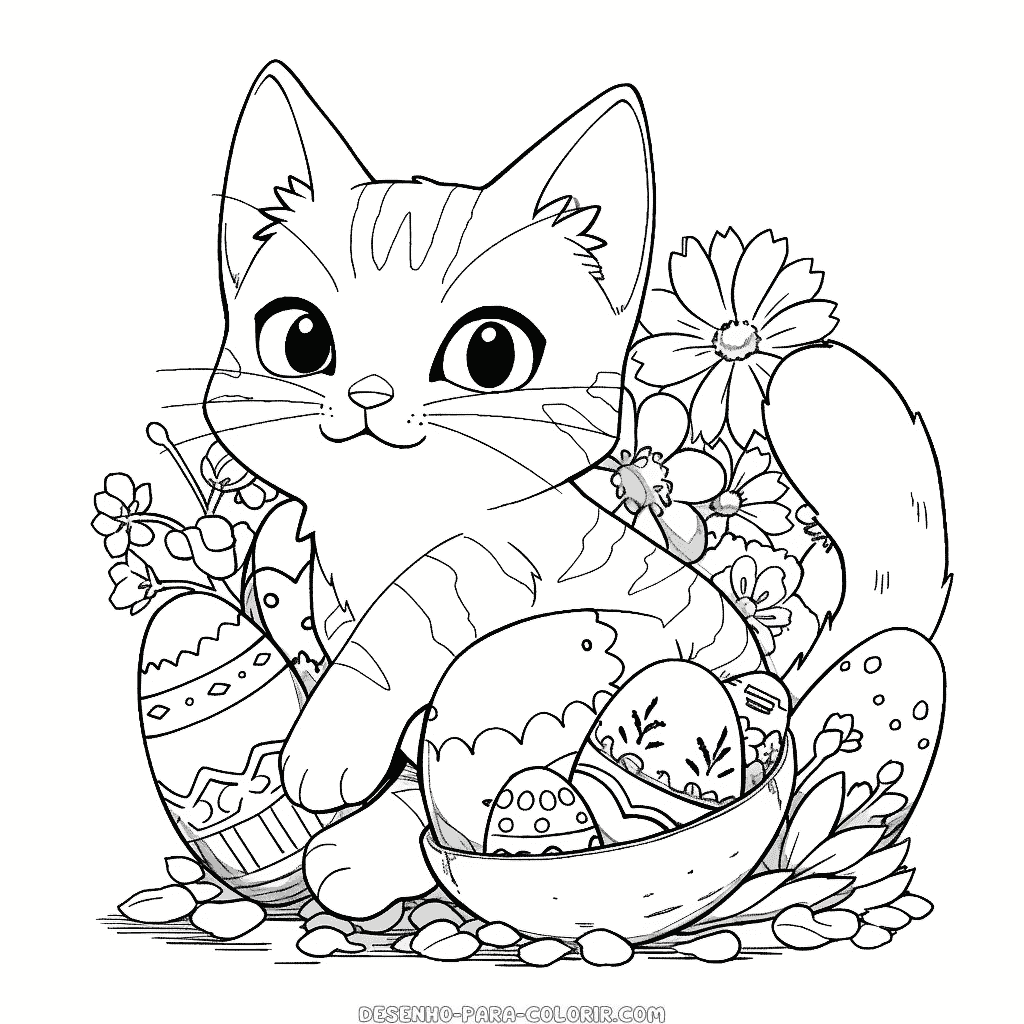 Desenho de gato com ovos de páscoa para colorir