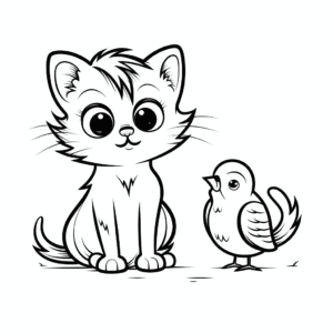Desenho de gato com pássaro para colorir