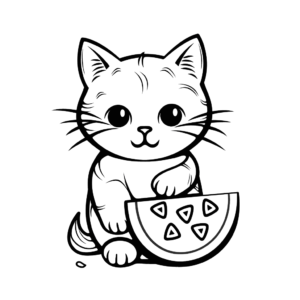 Desenho de gato com uma fatia de melancia para colorir