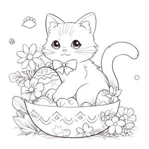 Desenho de gato comemorando a páscoa para colorir