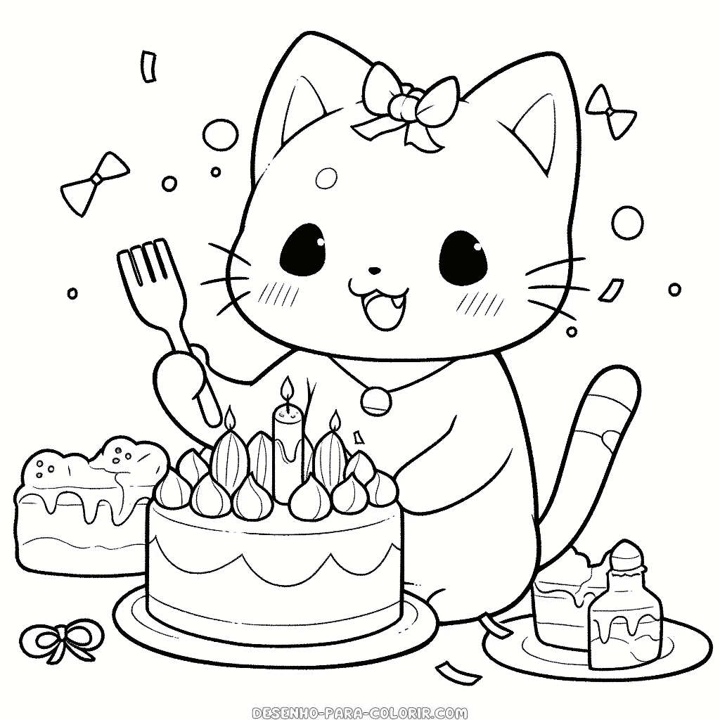 Desenho de gato comemorando aniversário para colorir
