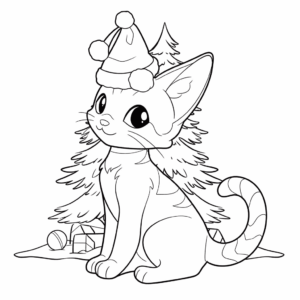 Desenho de gato comemorando o natal para colorir