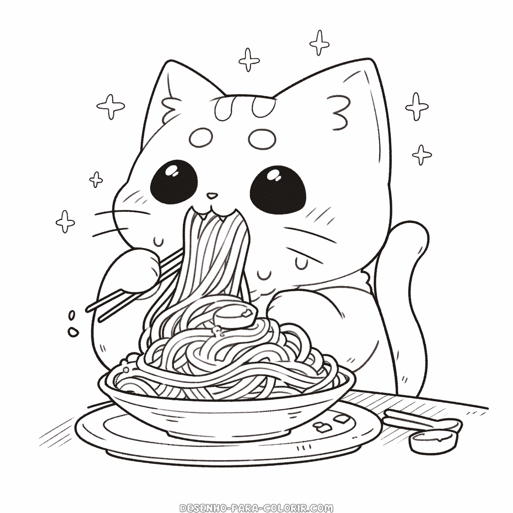 Desenho de gato comendo macarrão para colorir