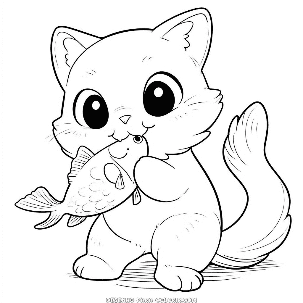 Desenho de gato de desenho animado comendo peixe para colorir