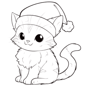 Desenho de gato de natal com chapéu de papai noel para colorir