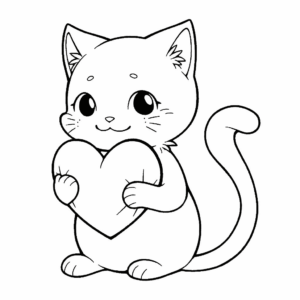 Desenho de gato dos namorados com coração para colorir