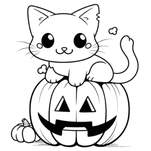 Desenho de gato e abóbora de halloween para colorir