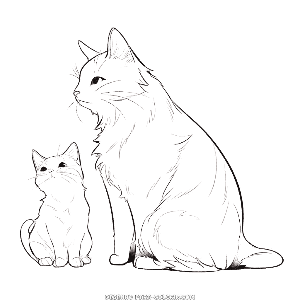 Desenho de gato e gatinho para colorir