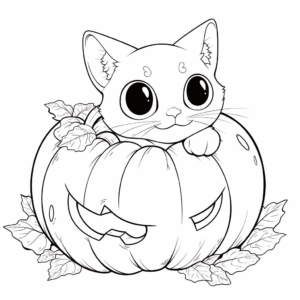 Desenho de gato em uma abóbora para colorir