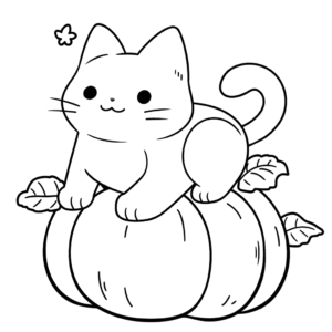 Desenho de gato em uma abóbora para colorir