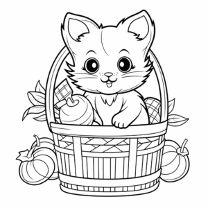 Desenho de gato escondido em uma cesta de piquenique para colorir