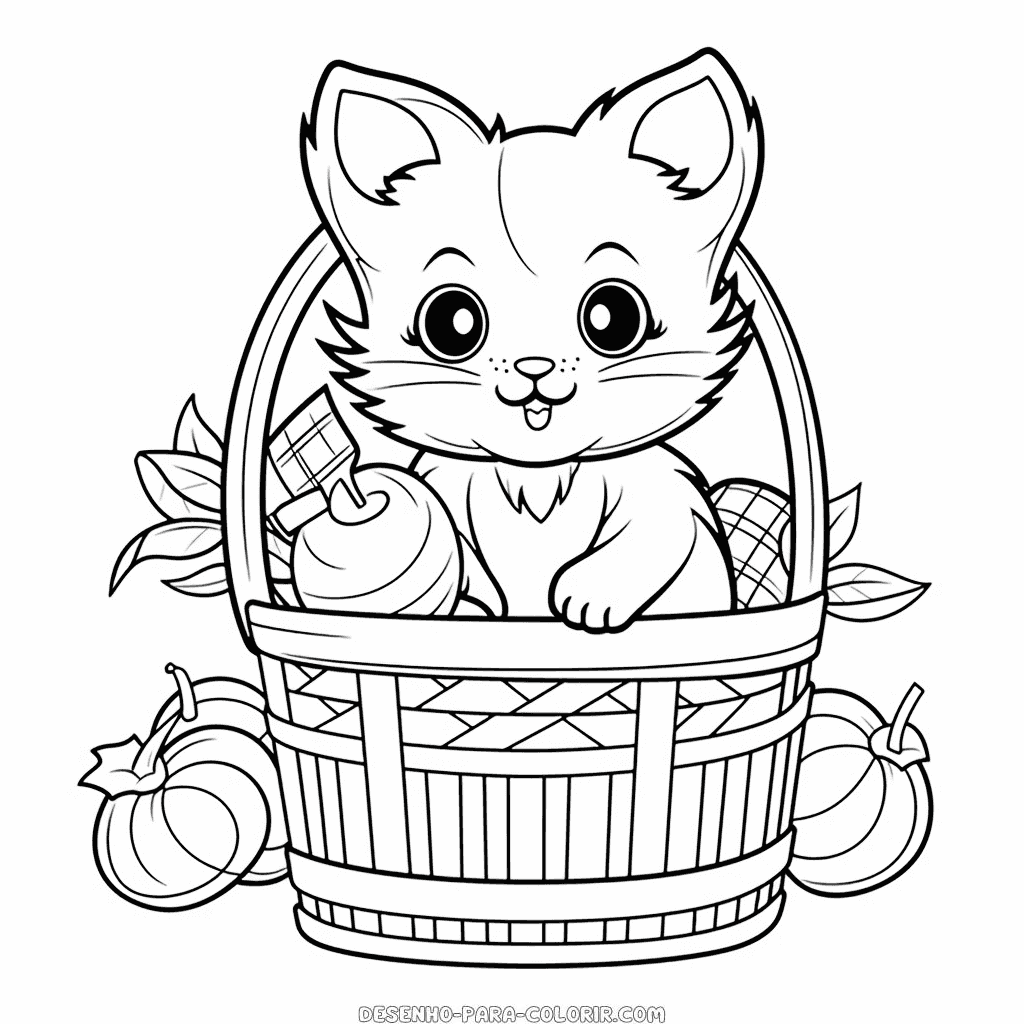 Desenho de gato escondido em uma cesta de piquenique para colorir