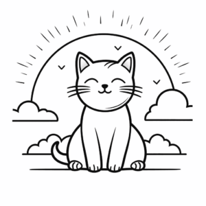 Desenho de gato feliz com o sol para colorir