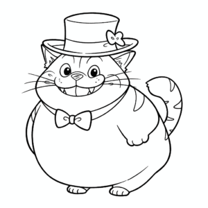 Desenho de gato gordo no chapéu para colorir