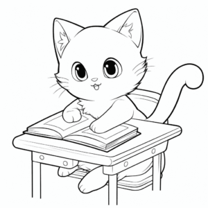 Desenho de gato na escola para colorir