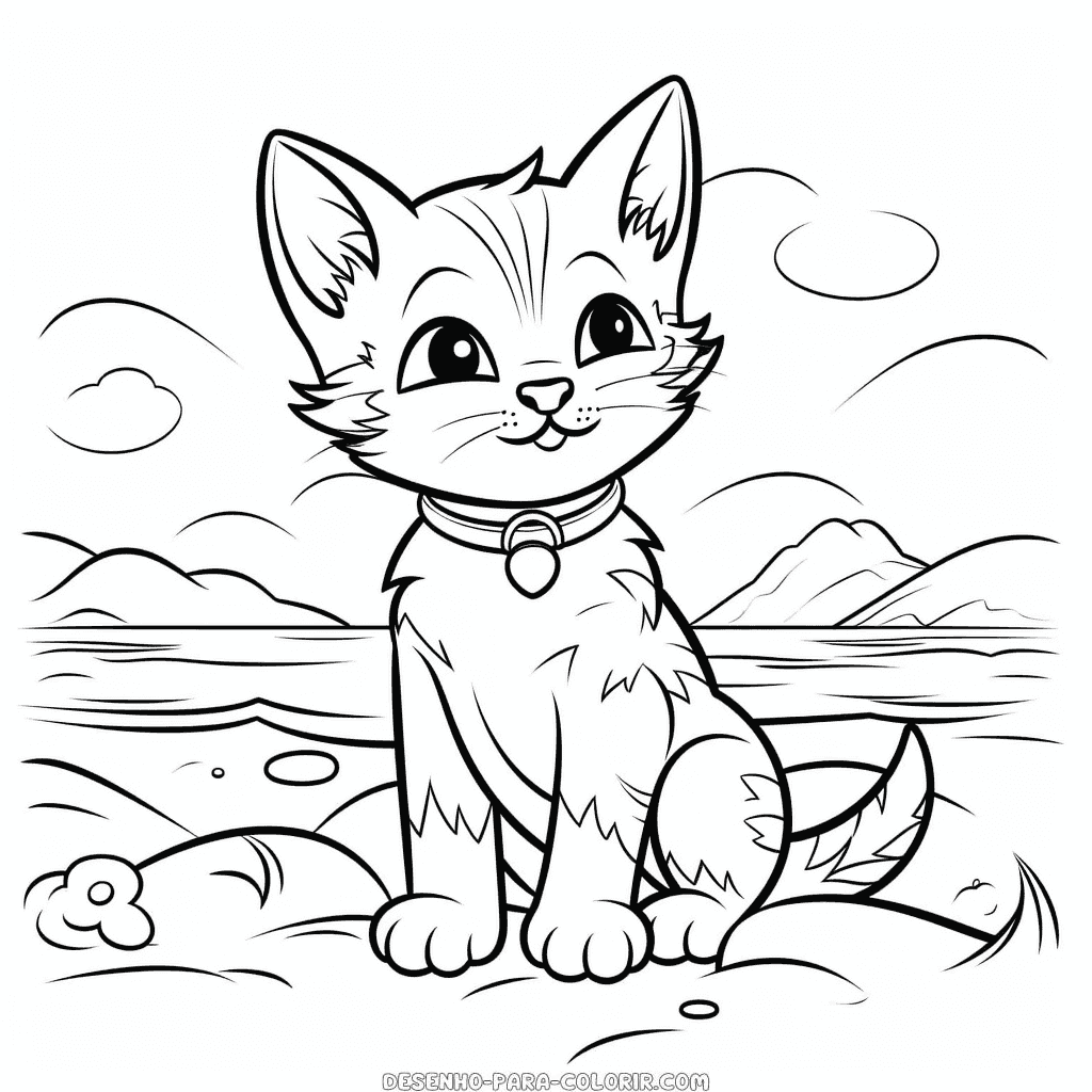 Desenho de gato na praia para colorir