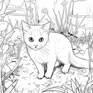 Desenho de gato no quintal para colorir