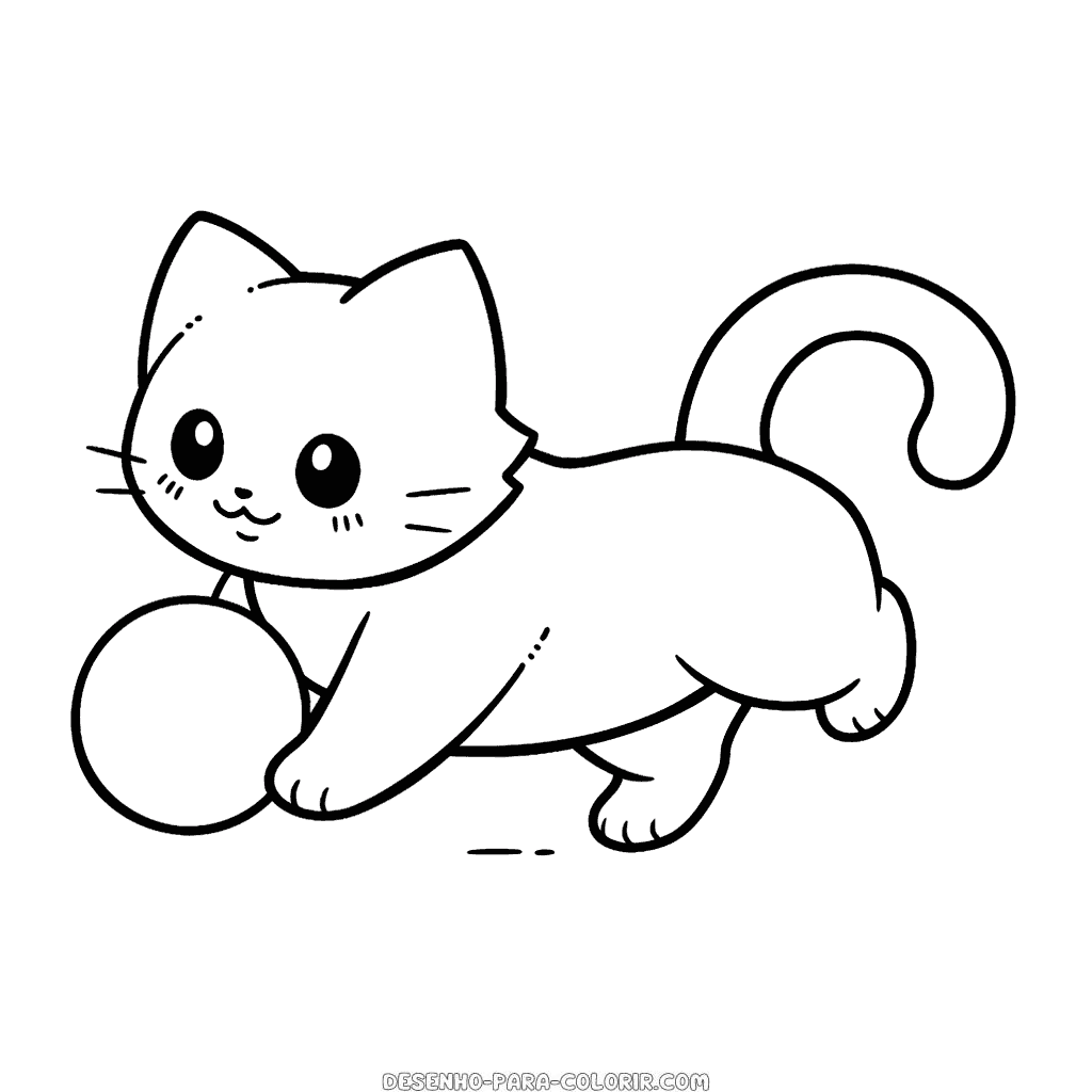 Desenho de gato perseguindo a bola para colorir