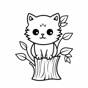 Desenho de gato sentado em um tronco de árvore para colorir