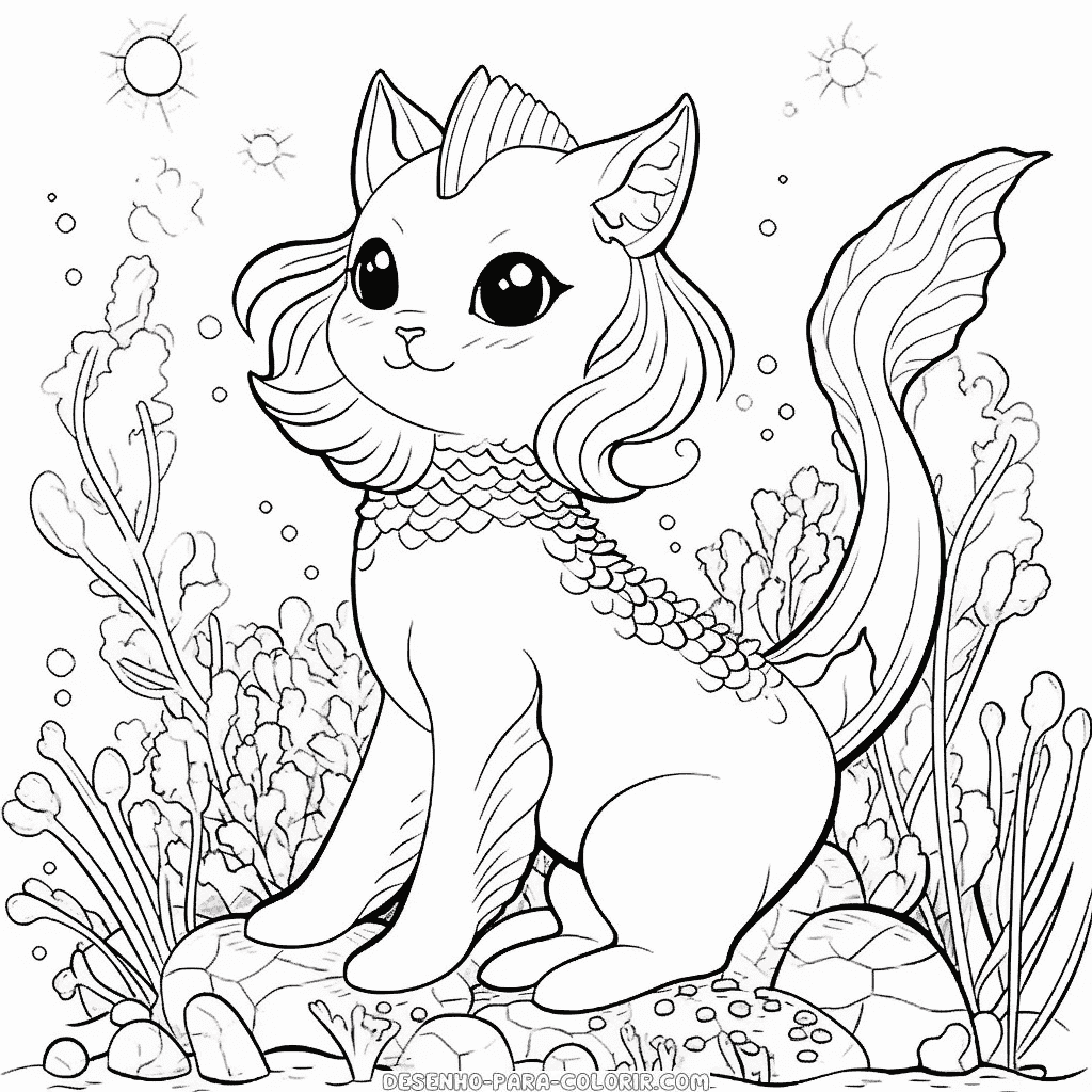 Desenho de gato unicórnio sereia para colorir