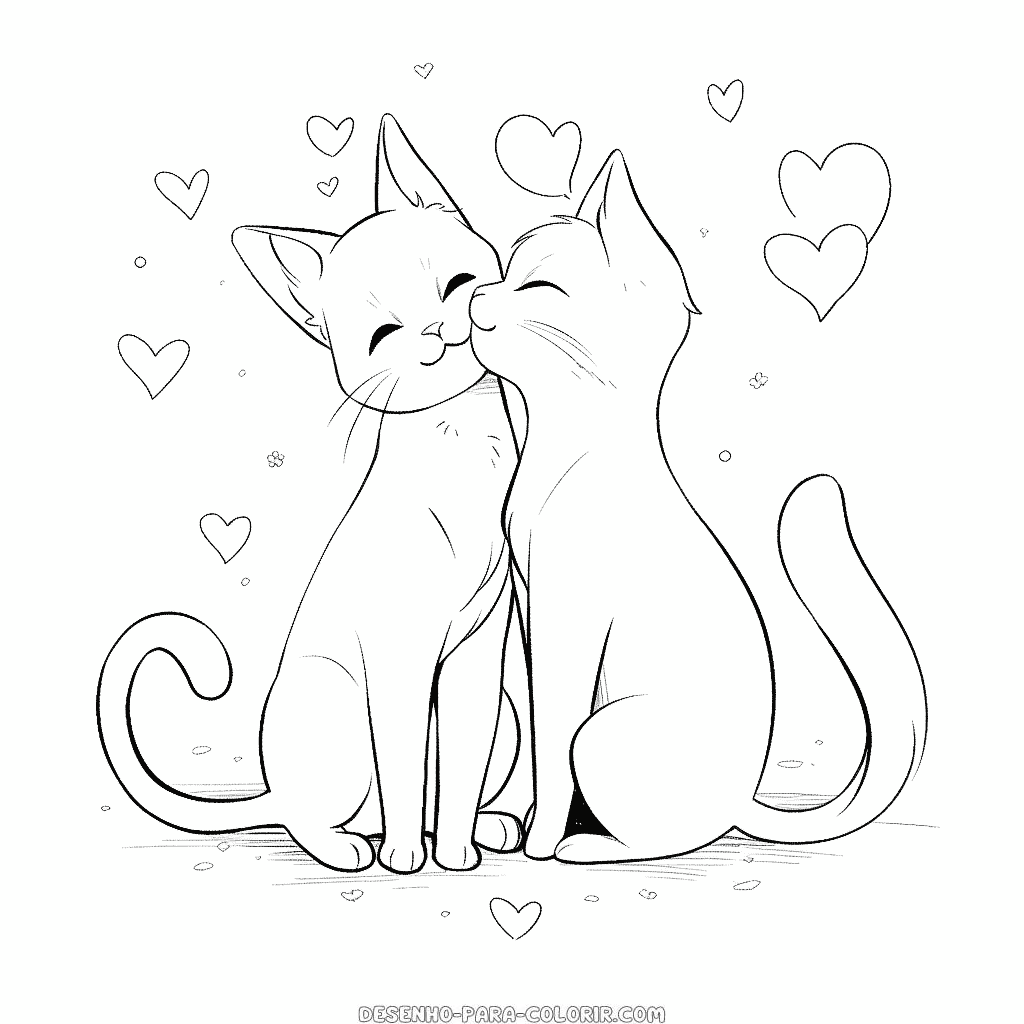 Desenho de gatos fofos apaixonados para colorir