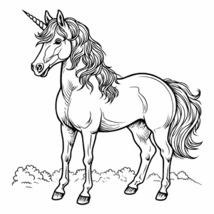 Desenho de impressão de um unicórnio realista para colorir