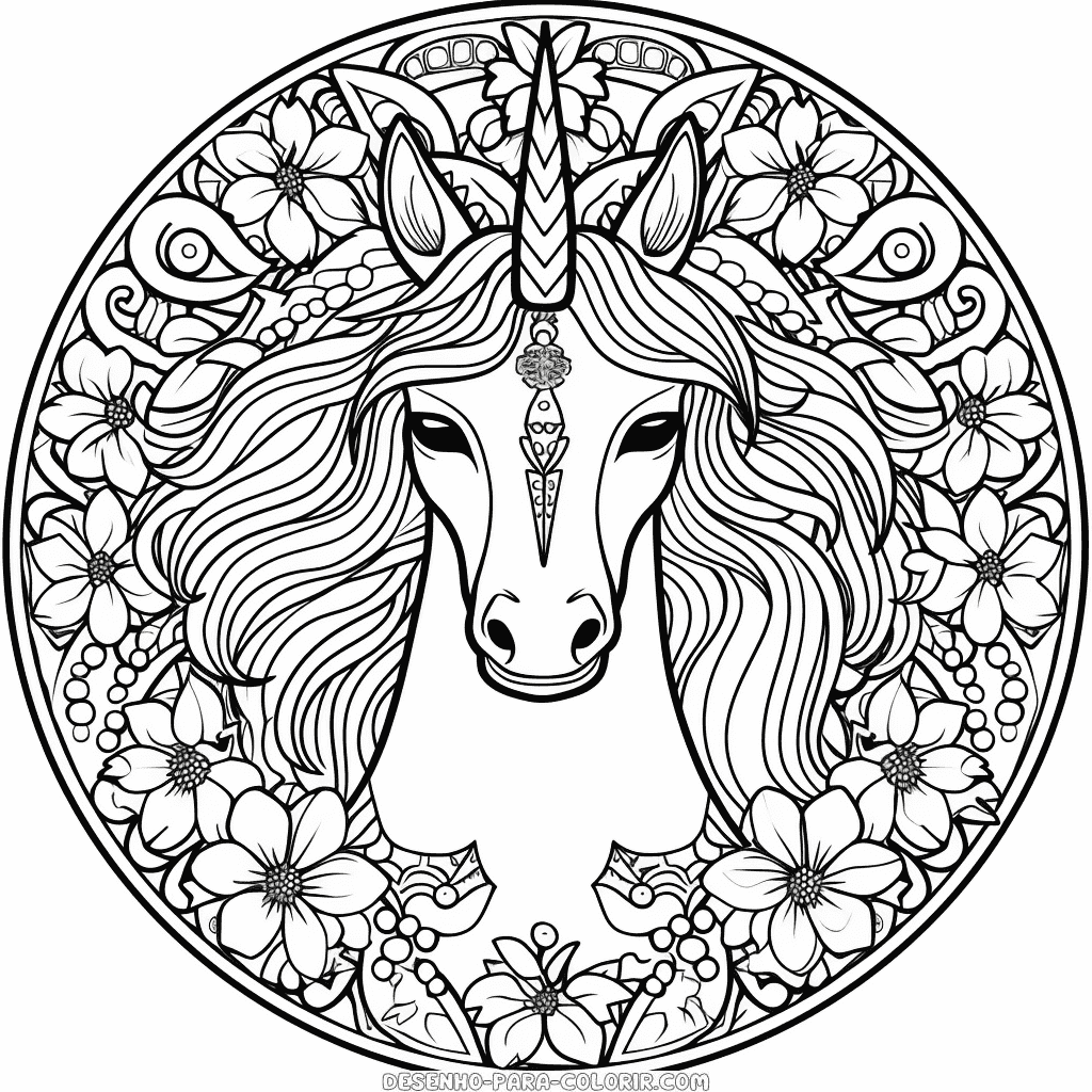Desenho de mandala unicórnio para colorir