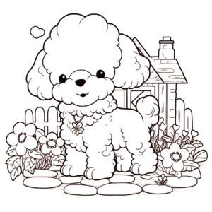 Desenho de poodle no jardim para colorir