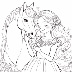 Desenho de princesa e cavalo para colorir