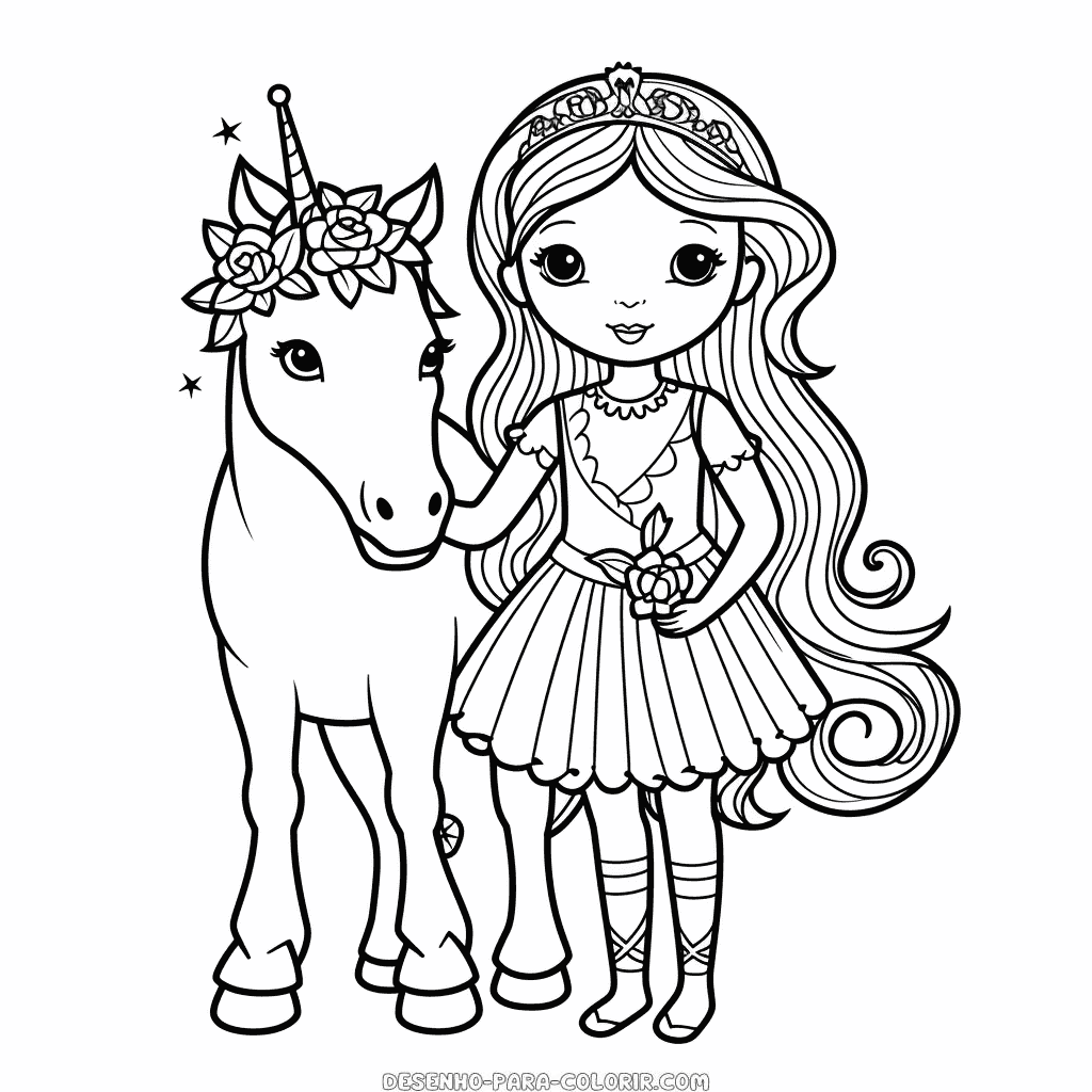 Desenho de princesa e unicórnio para colorir