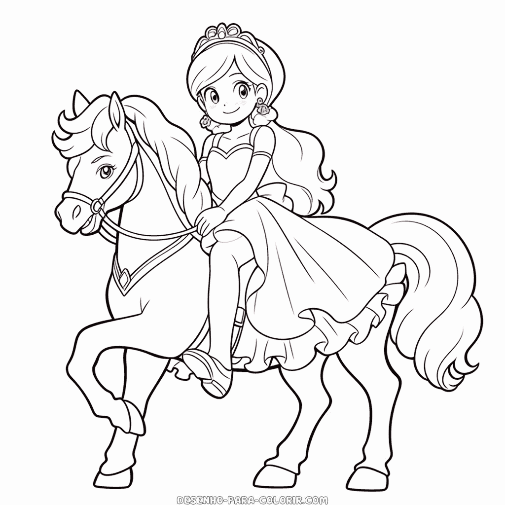 Desenho de princesa em um cavalo para colorir