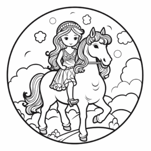 Desenho de princesa em um unicórnio para colorir