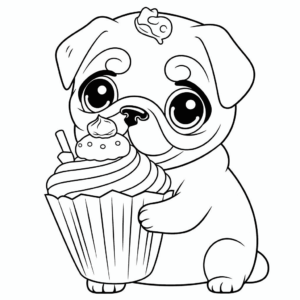 Desenho de pug com cupcake para colorir