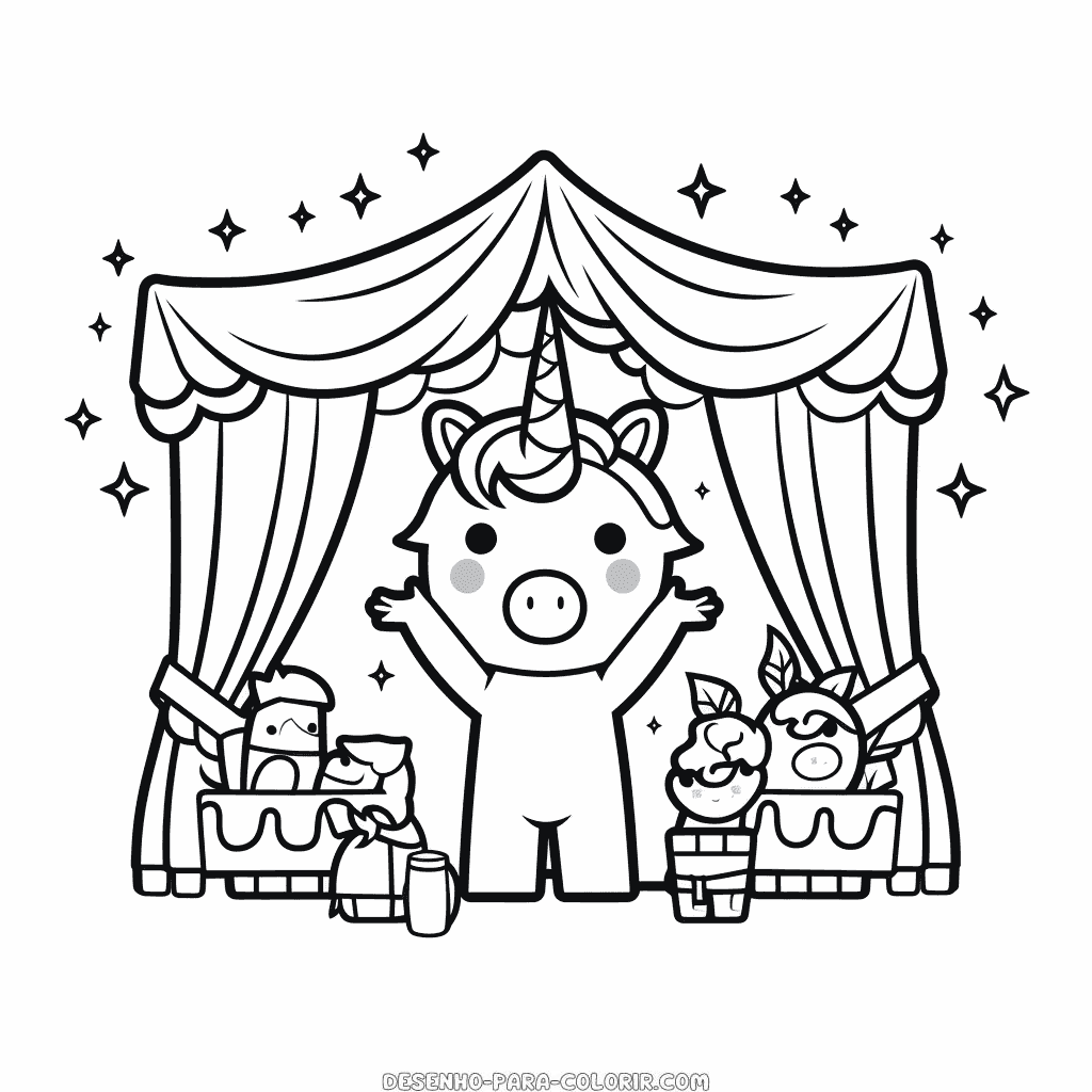 Desenho de show de fantoches de unicórnio para colorir