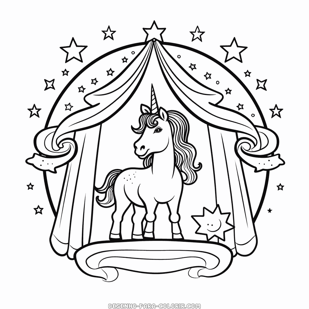 Desenho de show de mágica de unicórnios para colorir