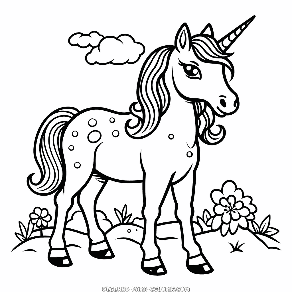 Desenho de um unicórnio bonito na natureza para colorir