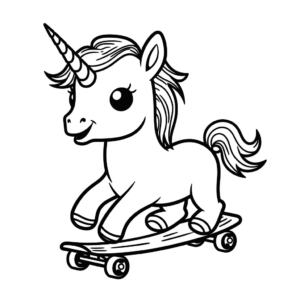 Desenho de unicórnio andando de skate para colorir