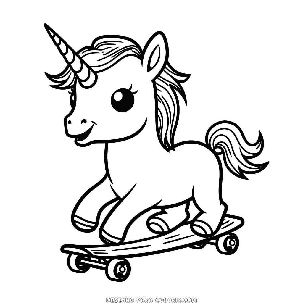 Desenho de unicórnio andando de skate para colorir