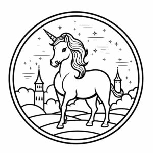 Desenho de unicórnio ao redor do castelo para colorir