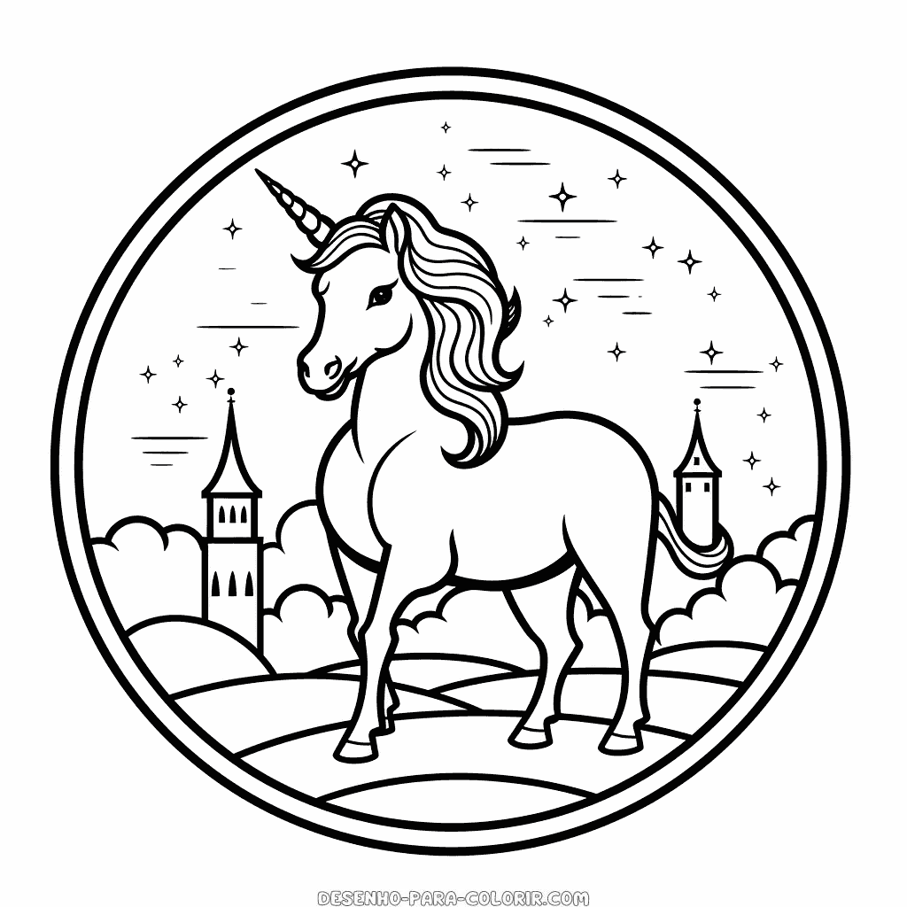 Desenho de unicórnio ao redor do castelo para colorir