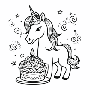 Desenho de unicórnio comemorando aniversário para colorir